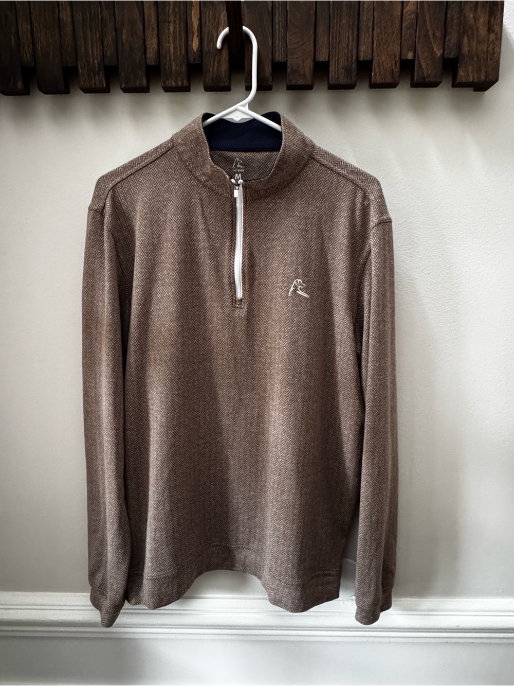 Rhoback Men's Rare Brown Herringbone Quarter-Zip Pullover with Contrast Zip